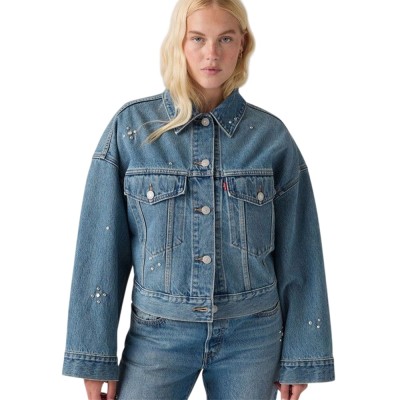 Levi's LOOSE CROP TRUCKER MED INDIGO - WORN IN (0089L0003 00J5)